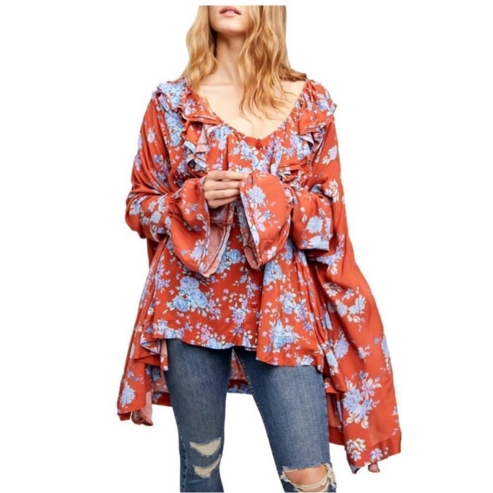 Free People Lorretta Floral Printed Oversized Orange Tunic Shirt Blouse Medium